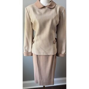 Vintage William Pearson Houndstooth Skirt Suit Peter Pan Collar 60s Tan